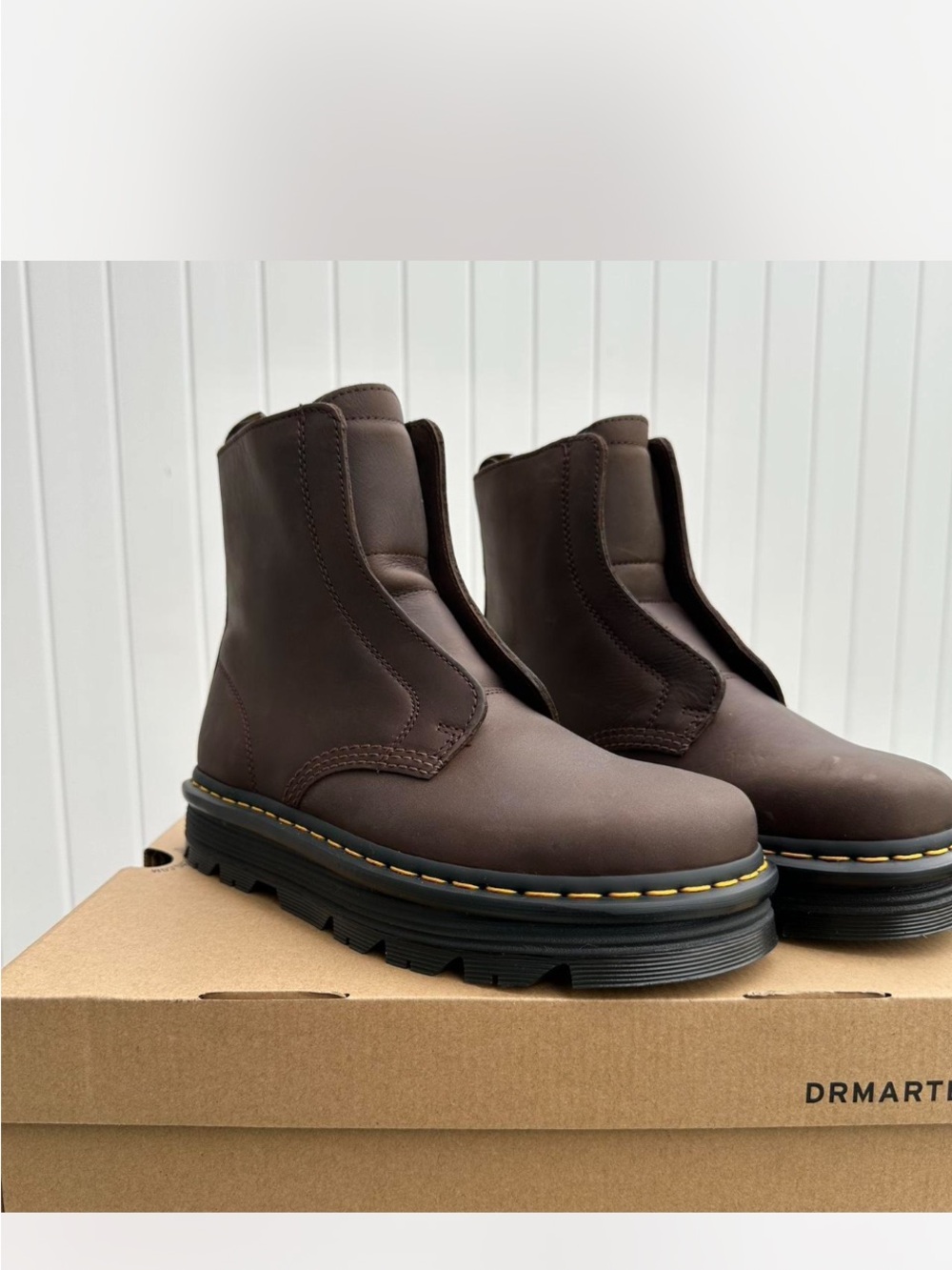 Dr. Martens Brown Chelsea Pull-On Work Boots with Yellow Stitching